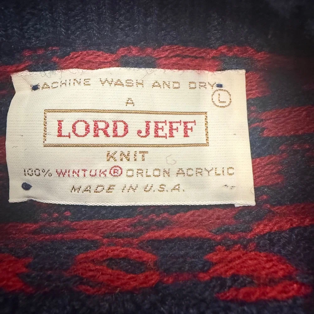 Lord Jeff Vintage Mens Fair Isle Snowflake Cable Knit Sweater Navy Cream Red VTG
